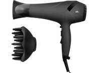 Sèche-cheveux noir avec un diffuseur. Le sèche-cheveux a une poignée et un accessoire de buse.