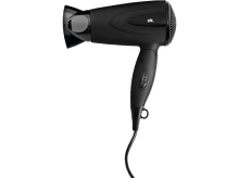 Charger l&#39;image dans la galerie, Sèche-cheveux noir sur fond noir, avec poignée et cordon d&#39;alimentation.
