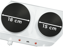 Charger l&#39;image dans la galerie, Une plaque de cuisson blanche avec deux éléments chauffants noirs. Les mesures sont en cm.
