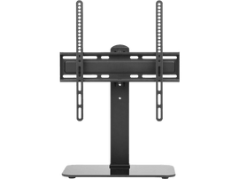 Support TV noir. Le support a une base rectangulaire et un poteau.