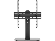 Support TV noir. Le support a une base rectangulaire et un poteau.