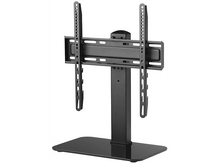 Charger l&#39;image dans la galerie, Un support TV noir avec des supports verticaux, une barre horizontale et une base plate.
