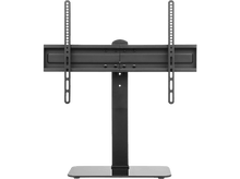 Charger l&#39;image dans la galerie, Support de télévision noir avec support et base en métal. Le support maintient un support pour la télévision.

