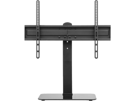 Support de télévision noir avec support et base en métal. Le support maintient un support pour la télévision.