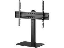 Charger l&#39;image dans la galerie, Un support TV noir avec une base et un support vertical, isolé sur fond blanc.
