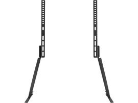 Support TV noir avec deux poteaux verticaux sur fond noir.