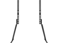 Support TV noir avec deux poteaux verticaux sur fond noir.