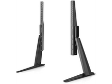 Charger l&#39;image dans la galerie, Deux pieds de support TV noirs. Un sur le côté et un autre de face.
