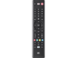 Télécommande noire avec divers boutons et un pavé directionnel central.