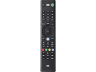 Télécommande de télévision noire avec de nombreux boutons. La marque est 'One For All'.