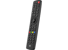 Charger l&#39;image dans la galerie, Télécommande noire avec de nombreux boutons. Bouton d&#39;alimentation rouge en haut. Logo argenté en bas.
