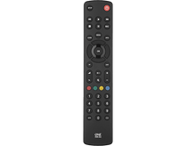 Charger l'image dans la galerie, Télécommande noire avec plusieurs boutons, dont marche/arrêt, menu et touches numériques, sur fond noir.
