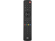 Télécommande noire avec plusieurs boutons, dont marche/arrêt, menu et touches numériques, sur fond noir.