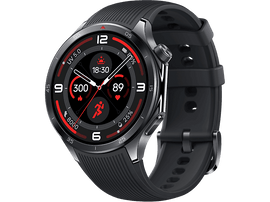 Montre connectée noire avec écran rouge, bracelet noir et accents argentés.