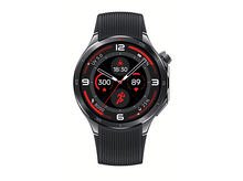 Charger l&#39;image dans la galerie, Montre intelligente noire avec bracelet noir, détails rouges sur l&#39;écran, fond blanc.
