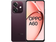 Téléphone Oppo A60 violet avec deux caméras à l'arrière, l'écran affiche du texte.
