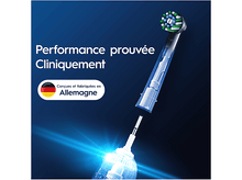 Charger l&#39;image dans la galerie, Tête de brosse à dents électrique avec texte : Performance cliniquement prouvée, fabriqué en Allemagne. Fond bleu.
