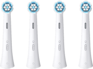 Quatre têtes de brosse à dents blanches avec soies bleues et blanches, alignées horizontalement.