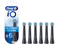 Têtes de brosse à dents Oral-B iO Ultimate Clean, noires, dans un paquet de six. L'emballage présente un design noir et blanc.