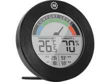 Charger l'image dans la galerie, Appareil rond noir affichant les relevés de température et d'humidité, avec une échelle de confort.
