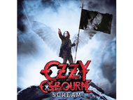 Pochette d'album avec Ozzy Osbourne tenant un drapeau noir, des ailes et les mots OZZY OSBOURNE crier.