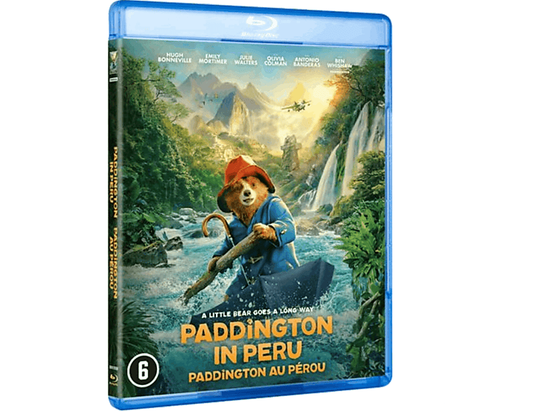 Couverture Blu-ray de Paddington au Pérou. Un ours en chapeau rame un bateau. Montagnes et cascade en fond.