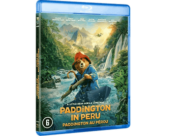Couverture Blu-ray de Paddington au Pérou. Un ours en chapeau rame un bateau. Montagnes et cascade en fond.