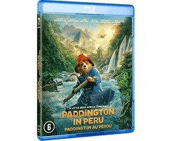 Couverture Blu-ray de Paddington au Pérou. Un ours en chapeau rame un bateau. Montagnes et cascade en fond.