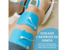 Charger l&#39;image dans la galerie, Une jambe avec des électrodes. Texte en français sur l&#39;arthrose du genou.

