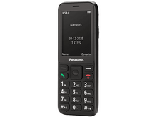 Charger l&#39;image dans la galerie, Téléphone portable Panasonic noir avec gros boutons et affichage de la date et l&#39;heure.
