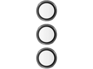 Trois objets circulaires identiques argentés et noirs disposés verticalement.