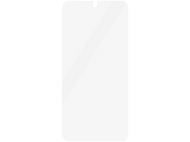 Un protecteur d'écran blanc pour un téléphone. Il a une petite découpe en haut.