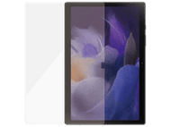 Tablette avec protecteur d'écran, écran affiche des couleurs abstraites, couche protectrice claire à gauche.