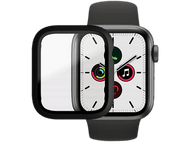 Une Apple Watch avec un protecteur d'écran transparent. Le cadran est blanc avec des marques noires.