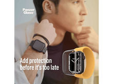 Charger l&#39;image dans la galerie, Homme avec montre, portant un bracelet jaune, la montre a une protection. Texte : Ajoutez une protection avant qu&#39;il ne soit trop tard.
