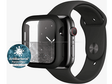 Charger l&#39;image dans la galerie, Apple Watch noire avec bracelet noir et protection d&#39;écran sur l&#39;écran.
