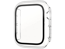 Charger l&#39;image dans la galerie, Coque de protection transparente pour une smartwatch, forme carrée avec bordures noires, transparente et propre.
