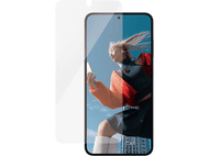 Un protecteur d'écran à côté d'un téléphone. Une femme tient le téléphone.