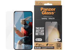 Charger l&#39;image dans la galerie, Une femme tient un téléphone. Une boîte de protection d&#39;écran est en arrière-plan. Le fond est blanc.
