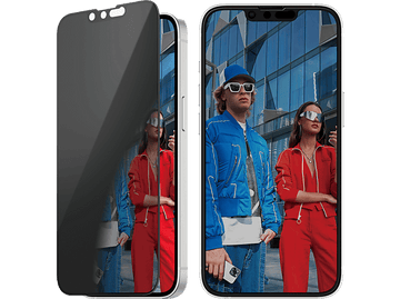 Deux téléphones, un avec protecteur d'écran. Deux personnes en tenues rouges s'y reflètent.