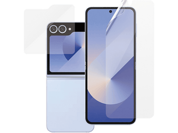 Un smartphone bleu avec des protecteurs d'écran et un module caméra.