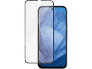 Smartphone avec écran de protection. L'écran affiche un motif abstrait bleu et blanc.