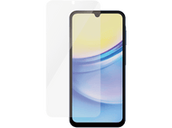 Un smartphone avec protecteur d'écran, montrant un fond coloré.