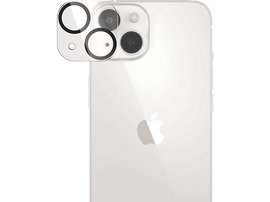 Dos de téléphone blanc avec caméras. Trois lentilles et flash. Logo Apple au milieu.