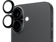 Téléphone noir avec trois lentilles de caméra à l'arrière. Trois protecteurs de lentilles au-dessus.