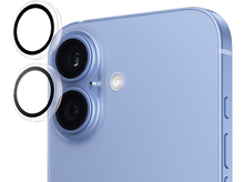 Charger l&#39;image dans la galerie, Gros plan d&#39;un téléphone bleu clair avec deux objectifs et un flash. Fond noir.
