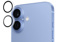 Gros plan d'un téléphone bleu clair avec deux objectifs et un flash. Fond noir.