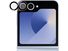 Un smartphone bleu clair plié avec deux caméras et un flash est montré. Un cache objectif est au-dessus des caméras.