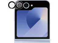 Un smartphone bleu clair plié avec deux caméras et un flash est montré. Un cache objectif est au-dessus des caméras.