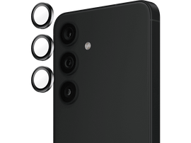 Un smartphone noir avec trois objectifs et trois cache-objectifs circulaires blancs sur le côté.